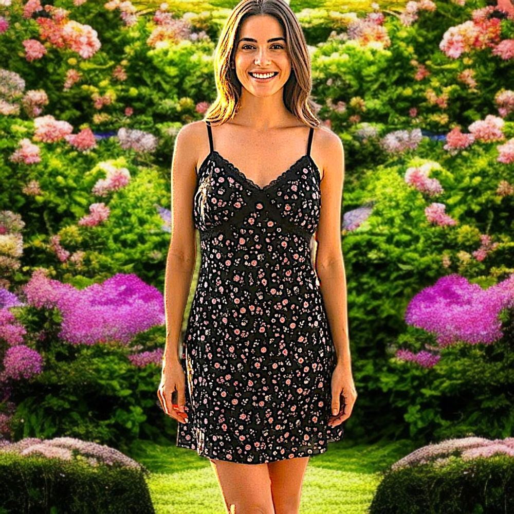 Y2K Black Ditsy Floral Mini Dress Lace Trim Spaghetti Strap Babydoll Sundress